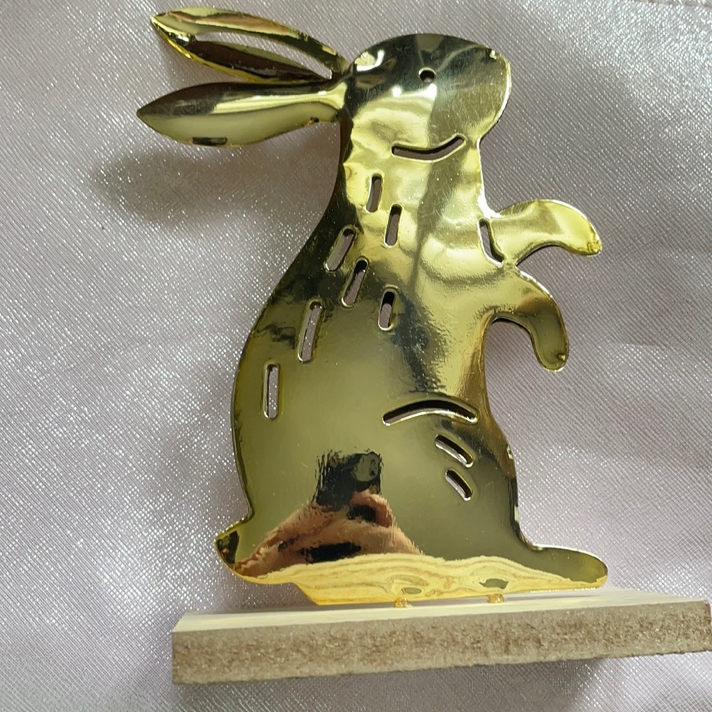 Gold Metal Easter Bunny Figurine on Wood